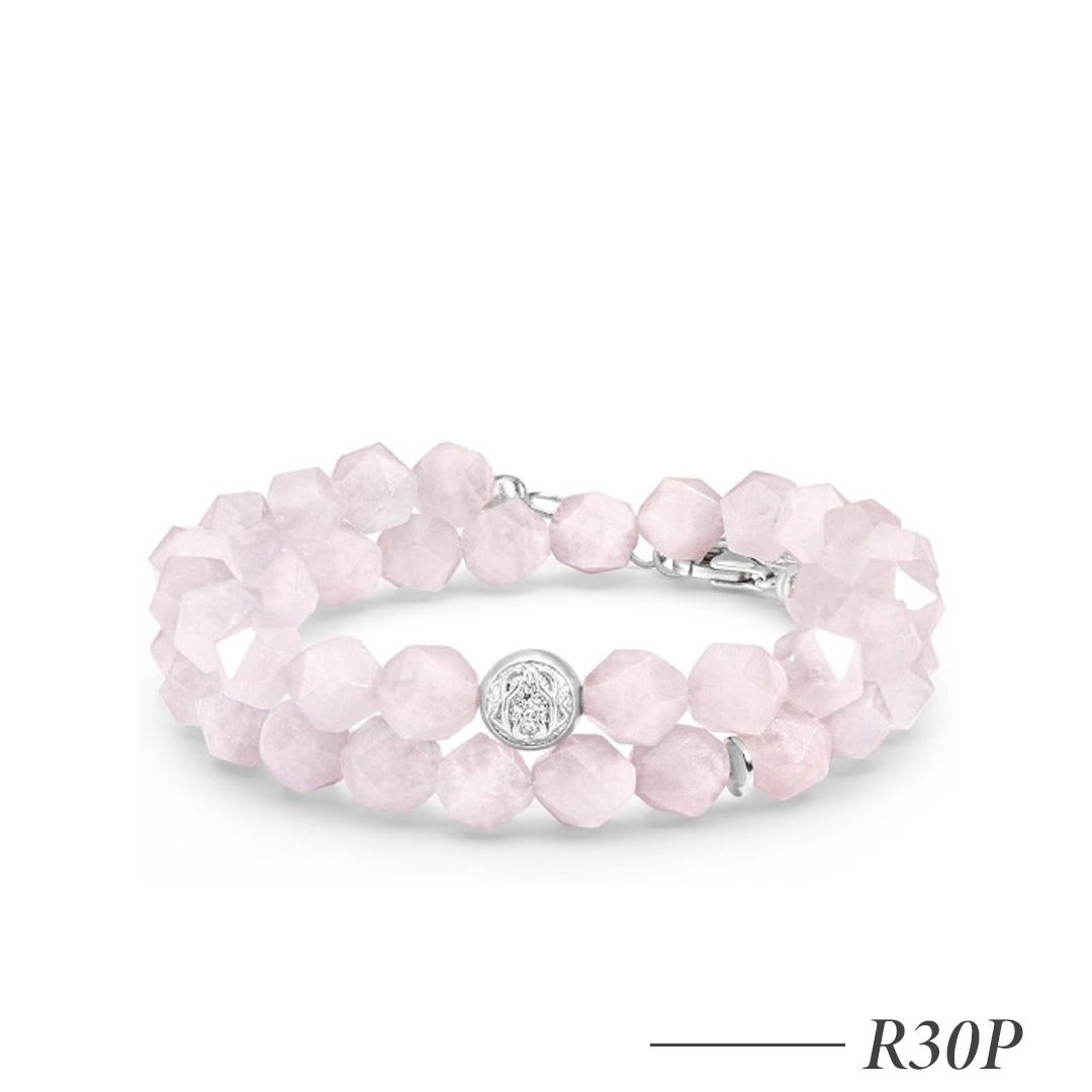 R30P-Aquamarine & Rose Quartz Beaded Bracelet with Silver Charm – Stackable Adjustable Bracelet